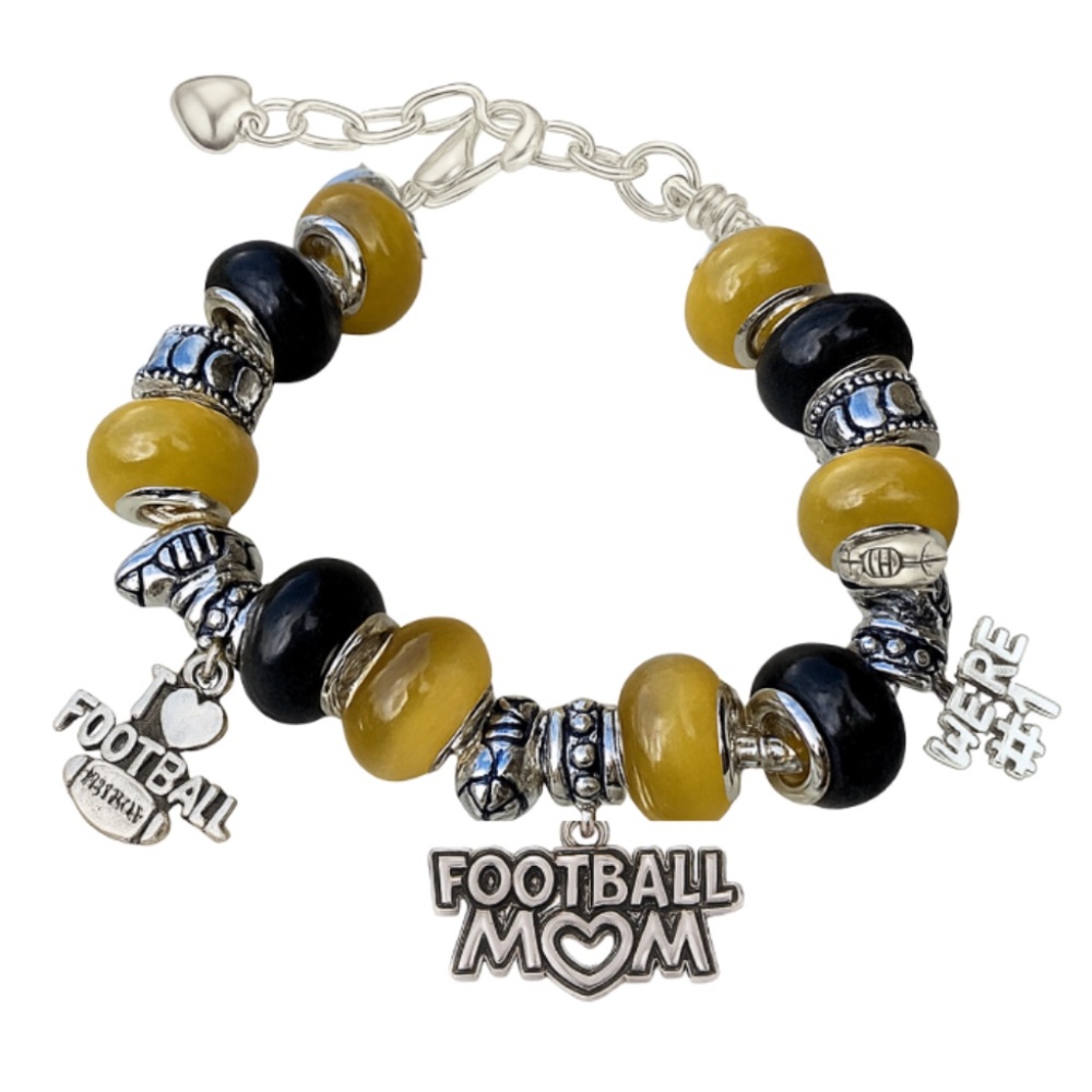 Football Mom Beaded Charm Bracelet - Yellow and Black Beads